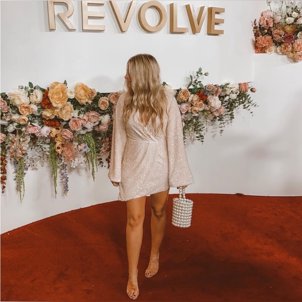 Michael Costello REVOLVE Valerie Sequins Mini Dress Long Sleeve Ivory XXS